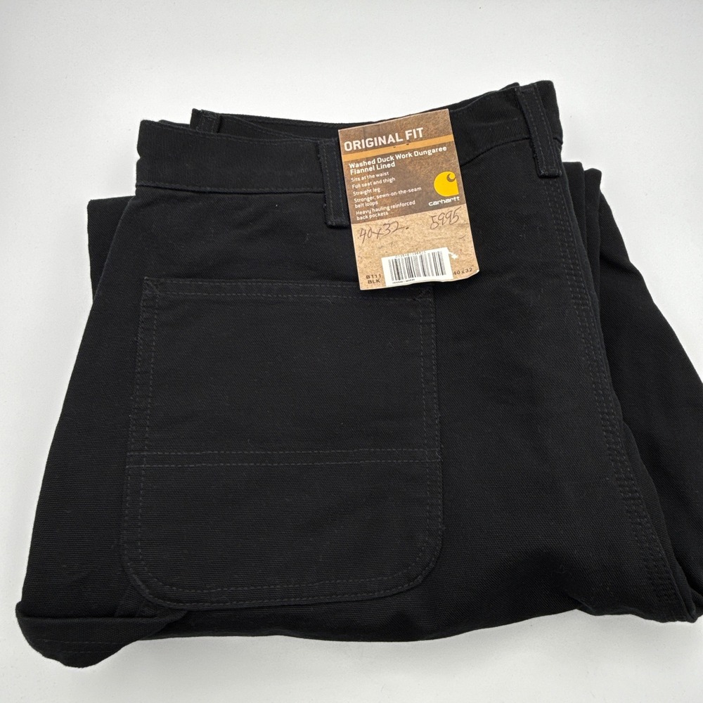 Carhartt B111 BLK Washed Duck Work Dungaree Flannel Lined Black 40x32 Mens NWT